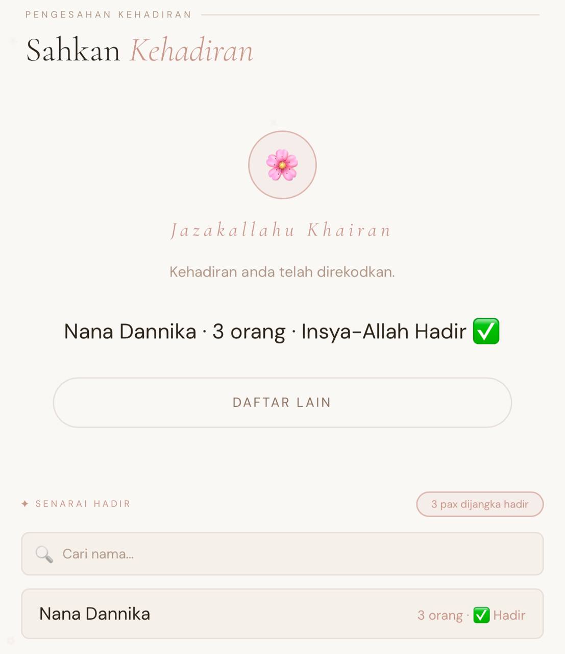 Pengesahan RSVP dan senarai hadir